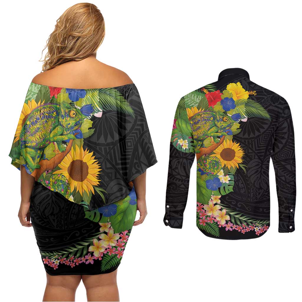 Hawaiian Tropical Plants and Chameleon Couples Matching Off Shoulder Short Dress and Long Sleeve Button Shirt Polynesian Art Colorful - Polynesian Pride