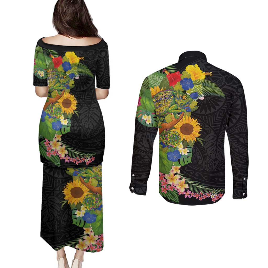 Hawaiian Tropical Plants and Chameleon Couples Matching Puletasi and Long Sleeve Button Shirt Polynesian Art Colorful - Polynesian Pride