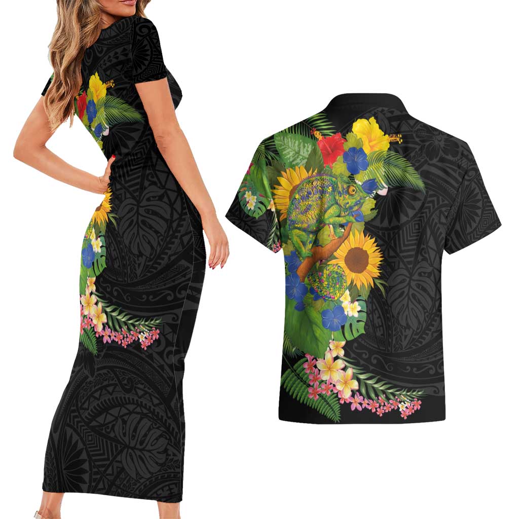 Hawaiian Tropical Plants and Chameleon Couples Matching Short Sleeve Bodycon Dress and Hawaiian Shirt Polynesian Art Colorful - Polynesian Pride