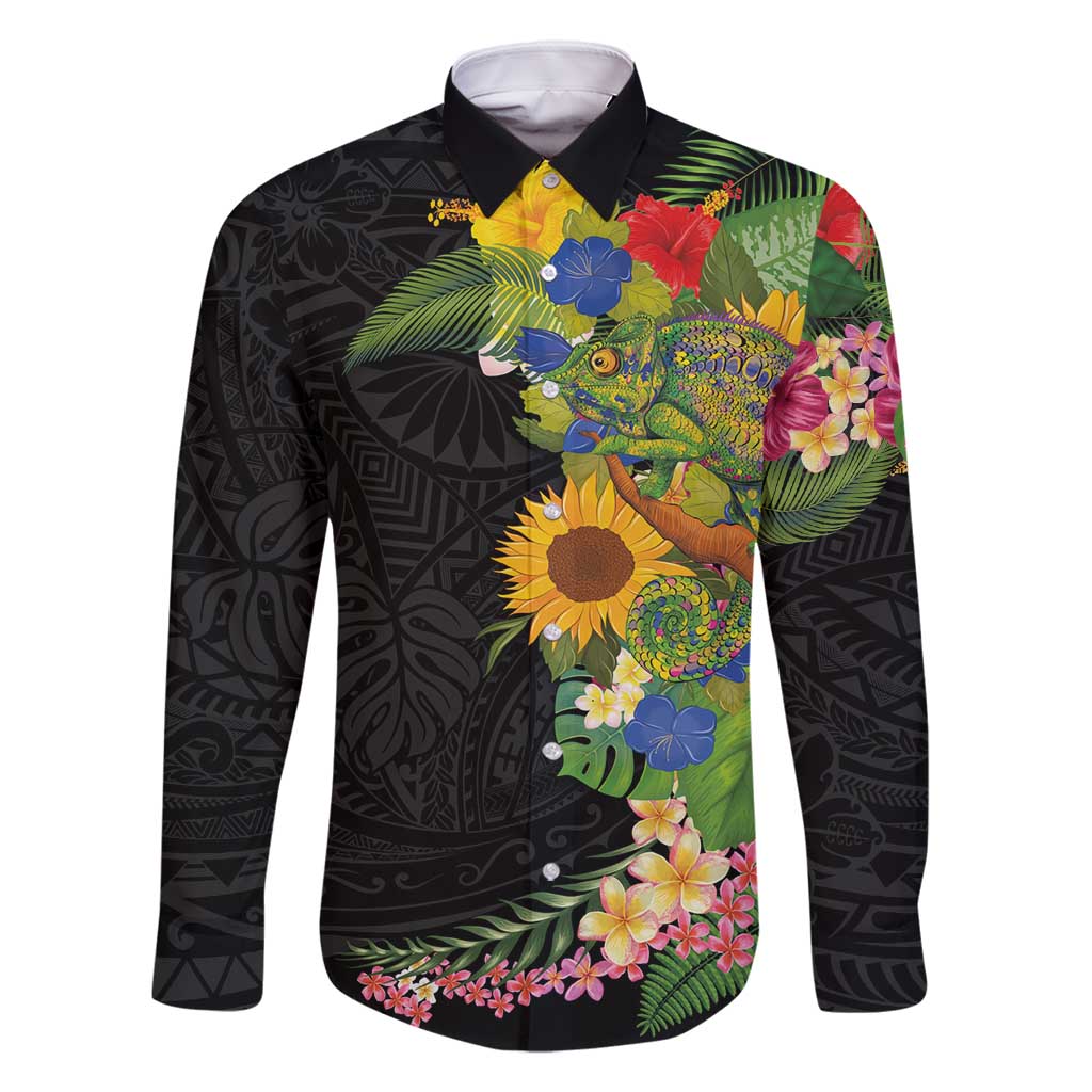 Hawaiian Tropical Plants and Chameleon Family Matching Long Sleeve Bodycon Dress and Hawaiian Shirt Polynesian Art Colorful - Polynesian Pride