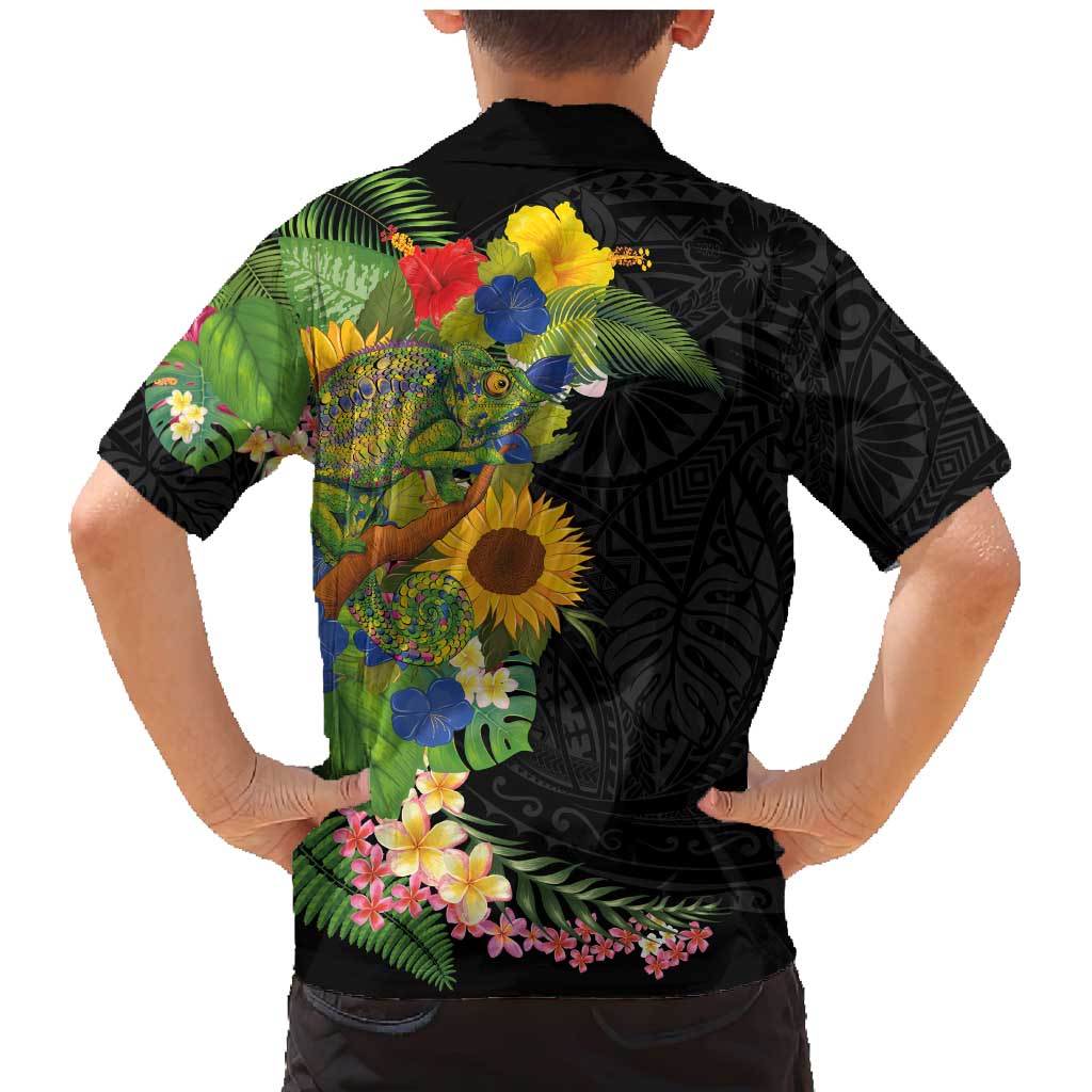 Hawaiian Tropical Plants and Chameleon Family Matching Mermaid Dress and Hawaiian Shirt Polynesian Art Colorful - Polynesian Pride