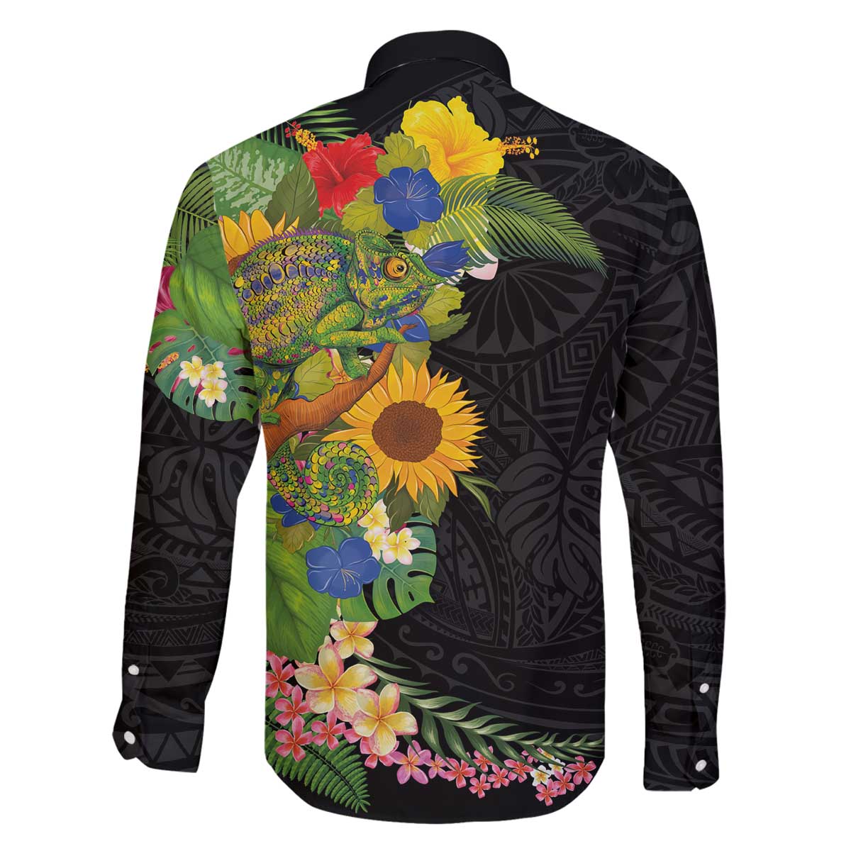 Hawaiian Tropical Plants and Chameleon Family Matching Off The Shoulder Long Sleeve Dress and Hawaiian Shirt Polynesian Art Colorful - Polynesian Pride