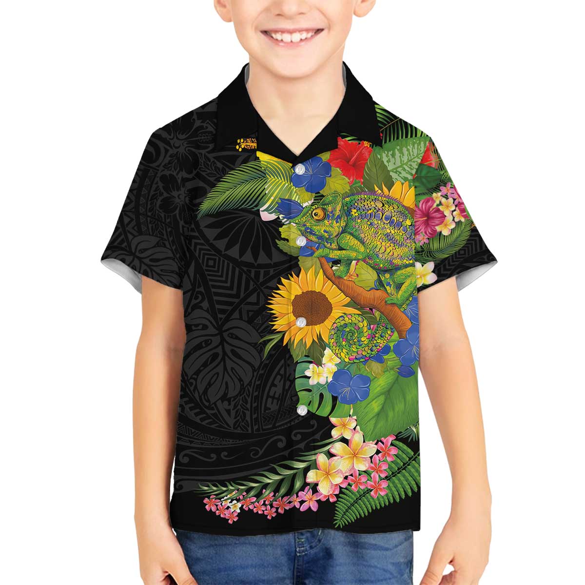 Hawaiian Tropical Plants and Chameleon Family Matching Off The Shoulder Long Sleeve Dress and Hawaiian Shirt Polynesian Art Colorful - Polynesian Pride