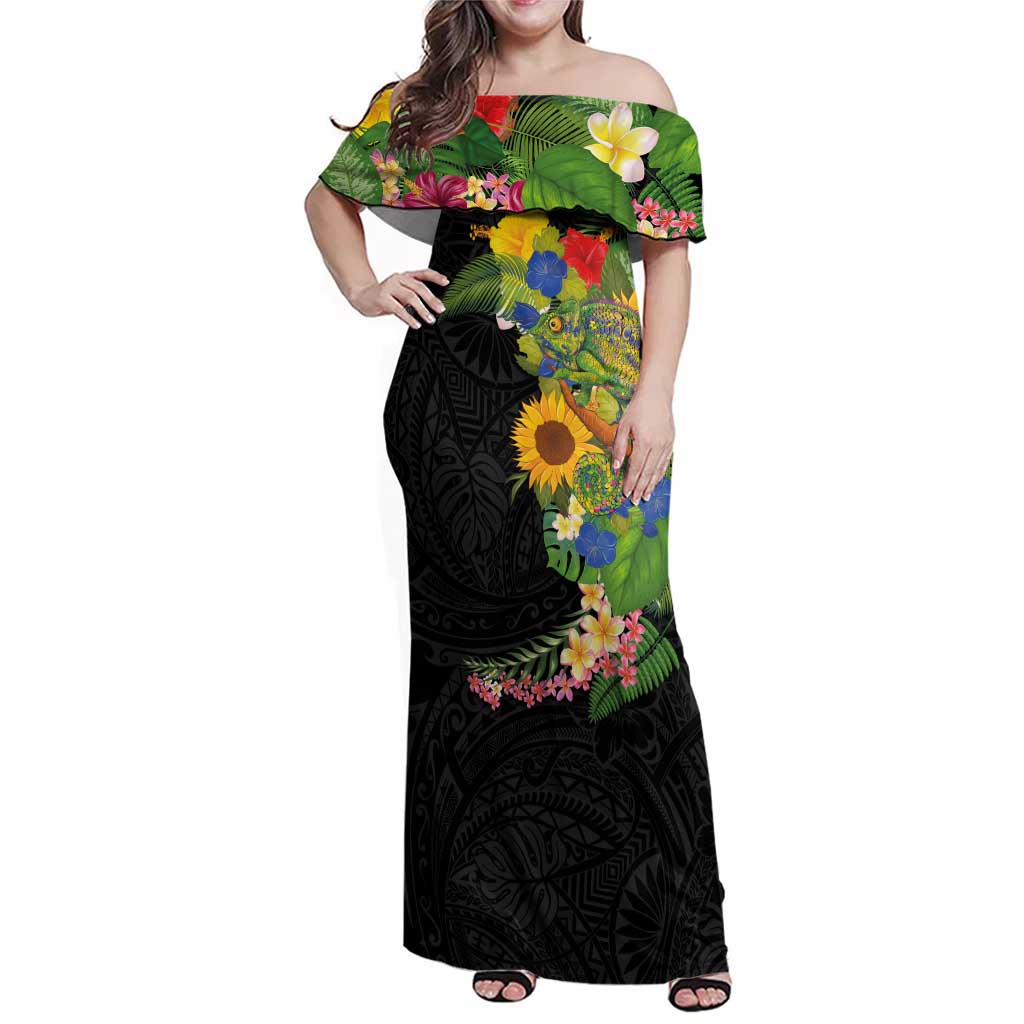 Hawaiian Tropical Plants and Chameleon Family Matching Off Shoulder Maxi Dress and Hawaiian Shirt Polynesian Art Colorful - Polynesian Pride