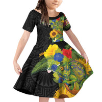 Hawaiian Tropical Plants and Chameleon Family Matching Off Shoulder Short Dress and Hawaiian Shirt Polynesian Art Colorful - Polynesian Pride