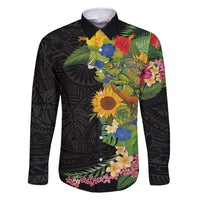 Hawaiian Tropical Plants and Chameleon Family Matching Off Shoulder Short Dress and Hawaiian Shirt Polynesian Art Colorful - Polynesian Pride