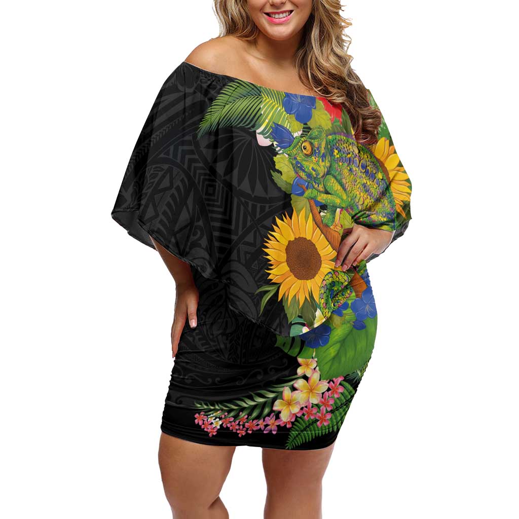 Hawaiian Tropical Plants and Chameleon Family Matching Off Shoulder Short Dress and Hawaiian Shirt Polynesian Art Colorful - Polynesian Pride