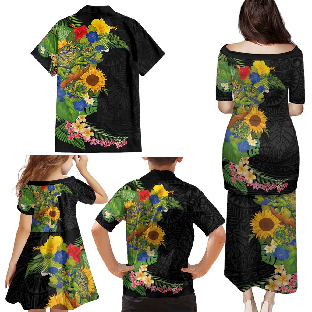 Hawaiian Tropical Plants and Chameleon Family Matching Puletasi and Hawaiian Shirt Polynesian Art Colorful - Polynesian Pride