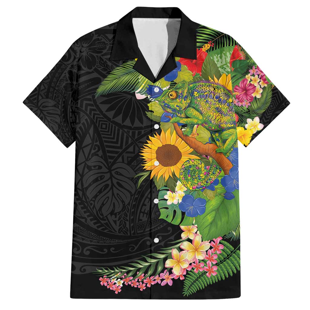 Hawaiian Tropical Plants and Chameleon Family Matching Puletasi and Hawaiian Shirt Polynesian Art Colorful - Polynesian Pride