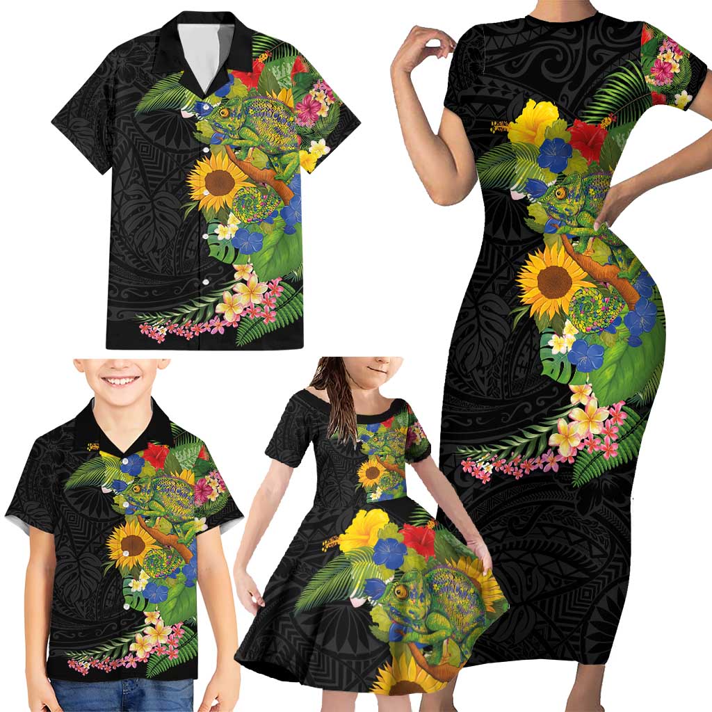 Hawaiian Tropical Plants and Chameleon Family Matching Short Sleeve Bodycon Dress and Hawaiian Shirt Polynesian Art Colorful - Polynesian Pride