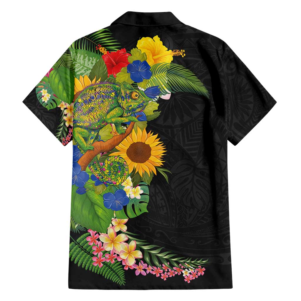 Hawaiian Tropical Plants and Chameleon Family Matching Short Sleeve Bodycon Dress and Hawaiian Shirt Polynesian Art Colorful - Polynesian Pride