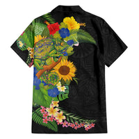 Hawaiian Tropical Plants and Chameleon Family Matching Short Sleeve Bodycon Dress and Hawaiian Shirt Polynesian Art Colorful - Polynesian Pride
