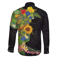 Hawaiian Tropical Plants and Chameleon Family Matching Short Sleeve Bodycon Dress and Hawaiian Shirt Polynesian Art Colorful - Polynesian Pride