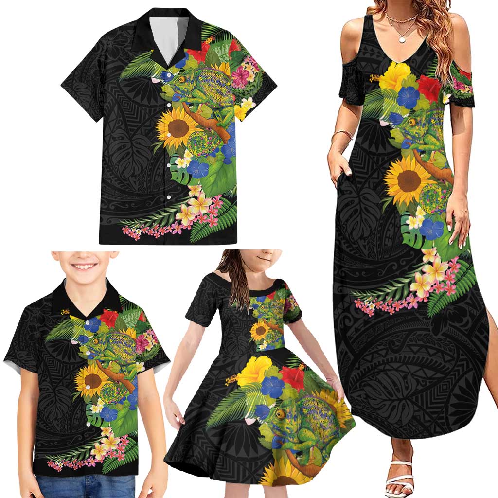 Hawaiian Tropical Plants and Chameleon Family Matching Summer Maxi Dress and Hawaiian Shirt Polynesian Art Colorful - Polynesian Pride
