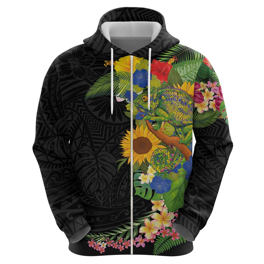Hawaiian Tropical Plants and Chameleon Hoodie Polynesian Art Colorful - Polynesian Pride