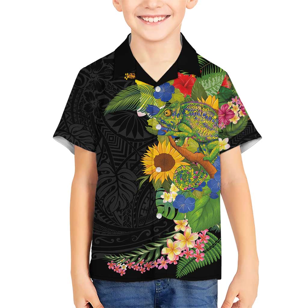 Hawaiian Tropical Plants and Chameleon Kid Hawaiian Shirt Polynesian Art Colorful - Polynesian Pride