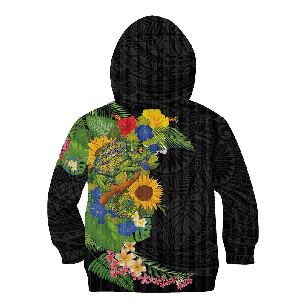 Hawaiian Tropical Plants and Chameleon Kid Hoodie Polynesian Art Colorful - Polynesian Pride