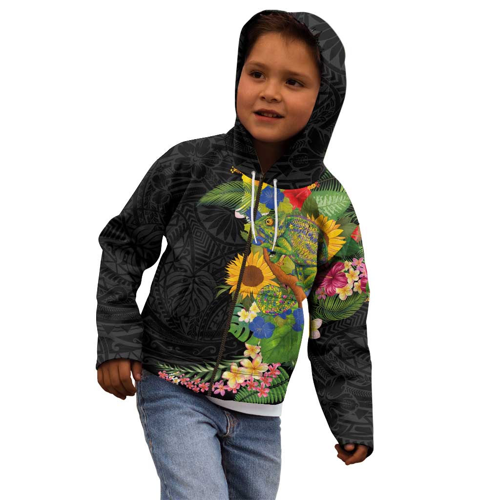 Hawaiian Tropical Plants and Chameleon Kid Hoodie Polynesian Art Colorful - Polynesian Pride