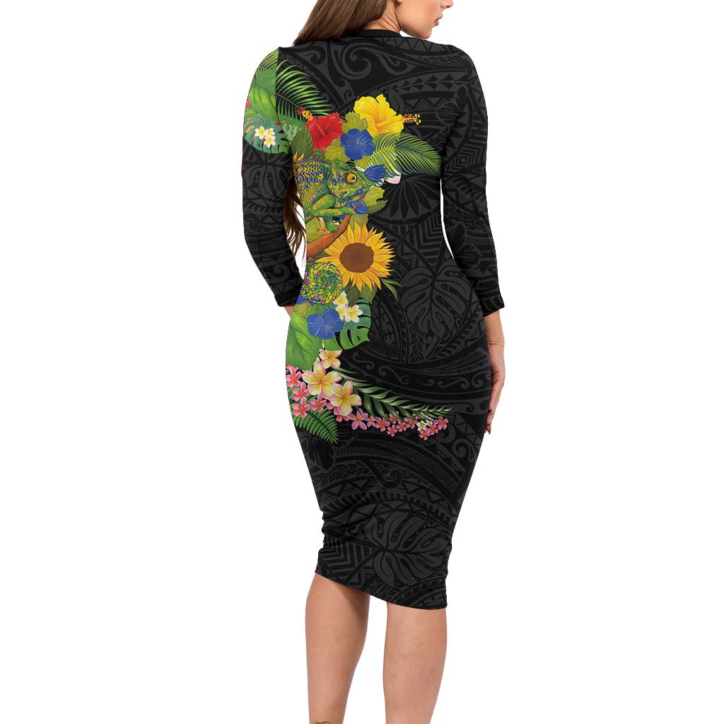 Hawaiian Tropical Plants and Chameleon Long Sleeve Bodycon Dress Polynesian Art Colorful - Polynesian Pride