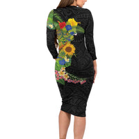 Hawaiian Tropical Plants and Chameleon Long Sleeve Bodycon Dress Polynesian Art Colorful - Polynesian Pride