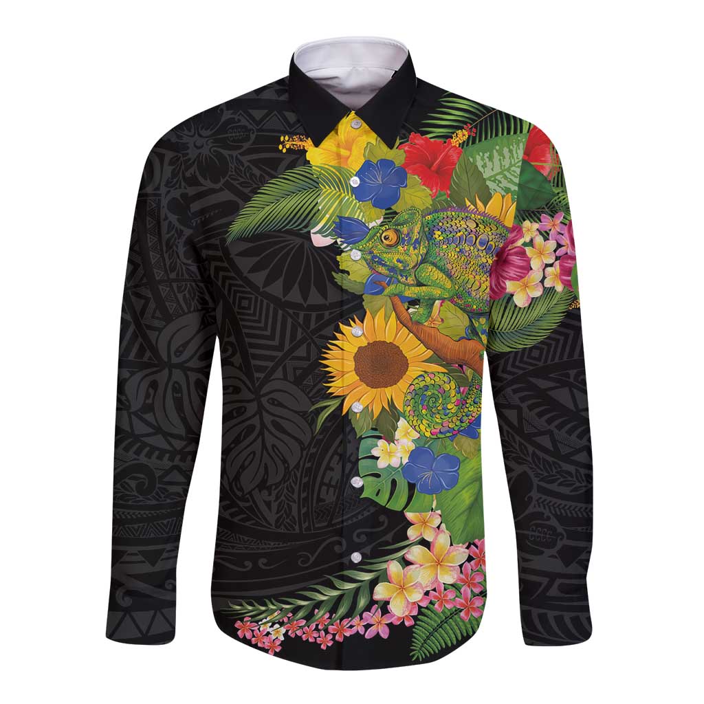Hawaiian Tropical Plants and Chameleon Long Sleeve Button Shirt Polynesian Art Colorful - Polynesian Pride