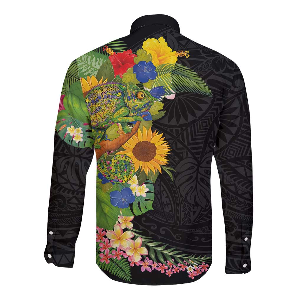 Hawaiian Tropical Plants and Chameleon Long Sleeve Button Shirt Polynesian Art Colorful - Polynesian Pride