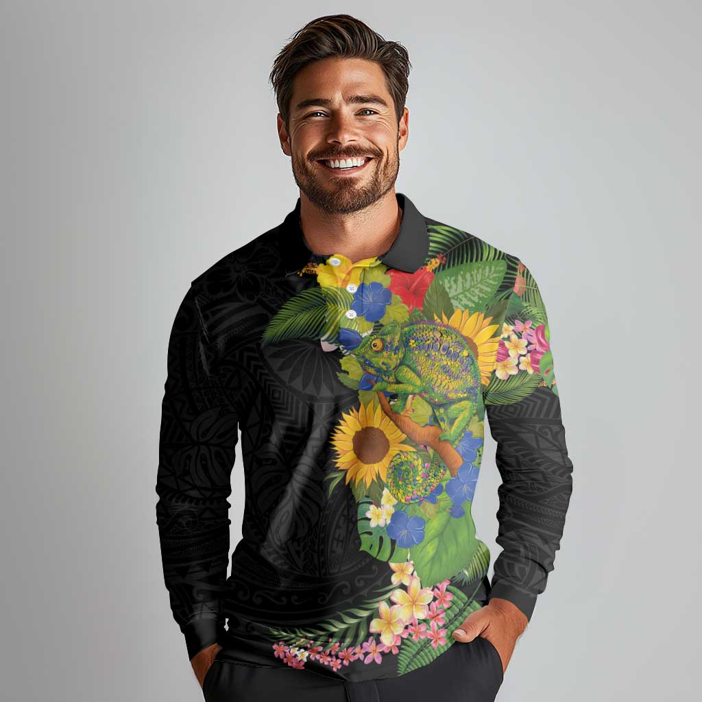 Hawaiian Tropical Plants and Chameleon Long Sleeve Polo Shirt Polynesian Art Colorful - Polynesian Pride