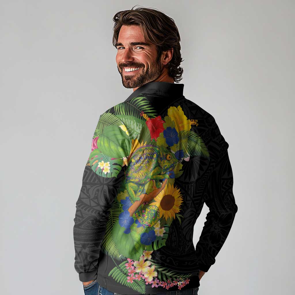 Hawaiian Tropical Plants and Chameleon Long Sleeve Polo Shirt Polynesian Art Colorful - Polynesian Pride