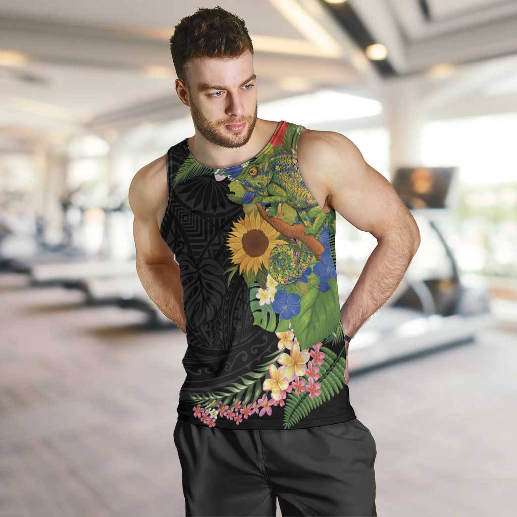 Hawaiian Tropical Plants and Chameleon Men Tank Top Polynesian Art Colorful - Polynesian Pride