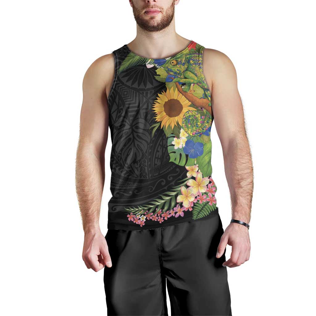 Hawaiian Tropical Plants and Chameleon Men Tank Top Polynesian Art Colorful - Polynesian Pride
