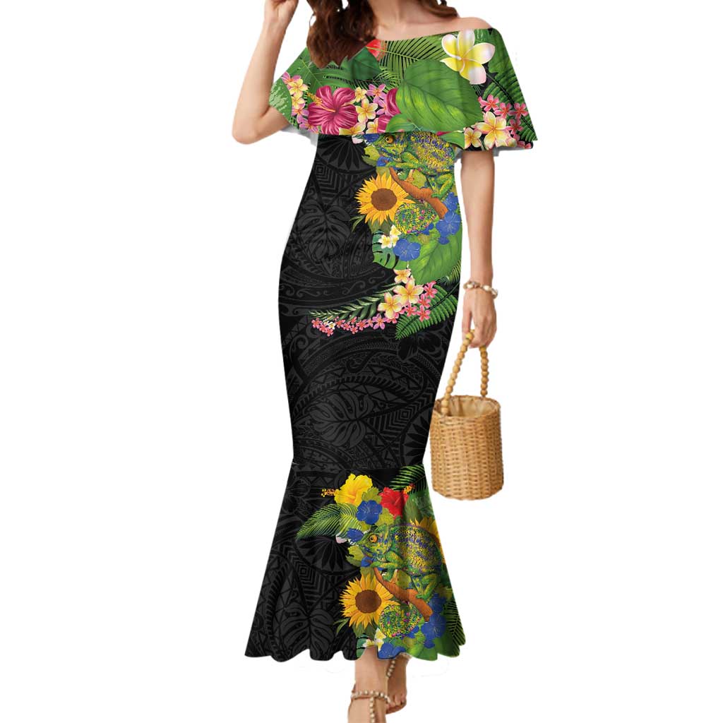 Hawaiian Tropical Plants and Chameleon Mermaid Dress Polynesian Art Colorful - Polynesian Pride