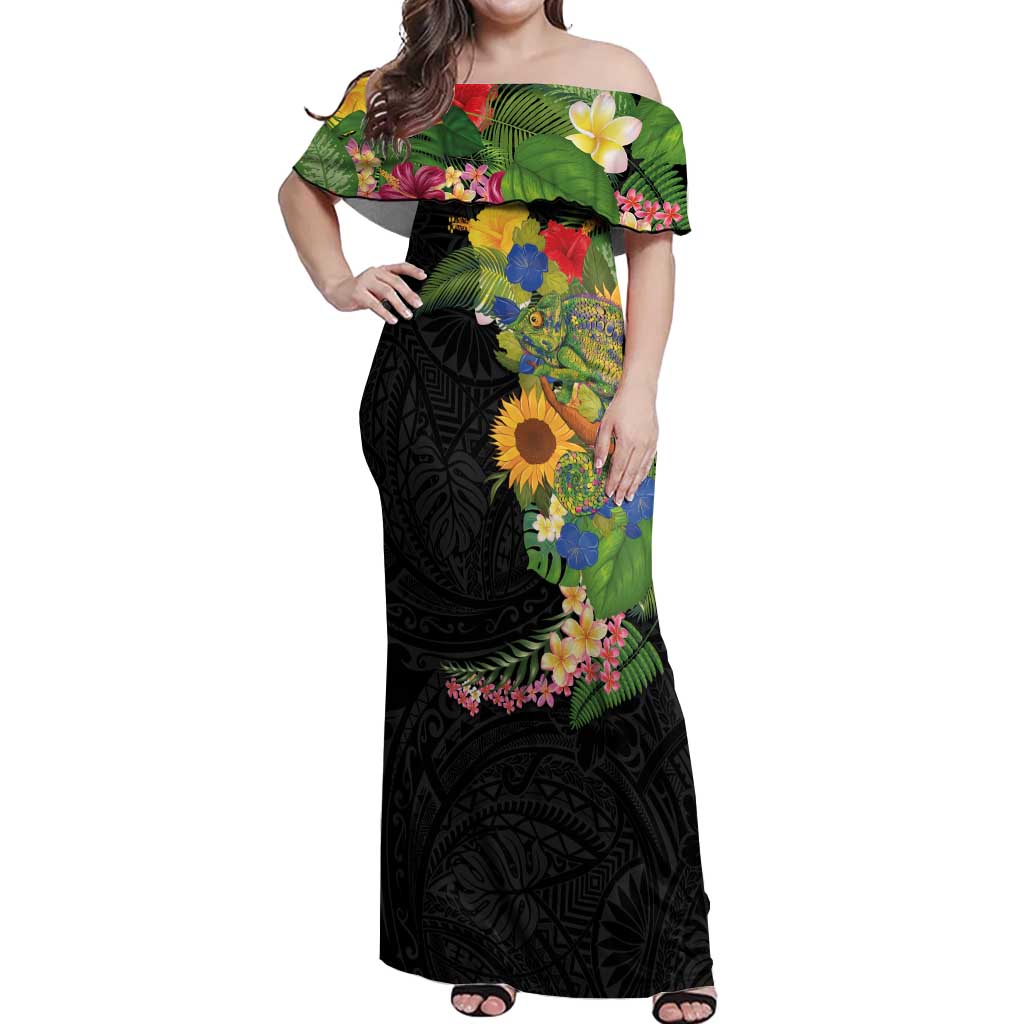 Hawaiian Tropical Plants and Chameleon Off Shoulder Maxi Dress Polynesian Art Colorful - Polynesian Pride