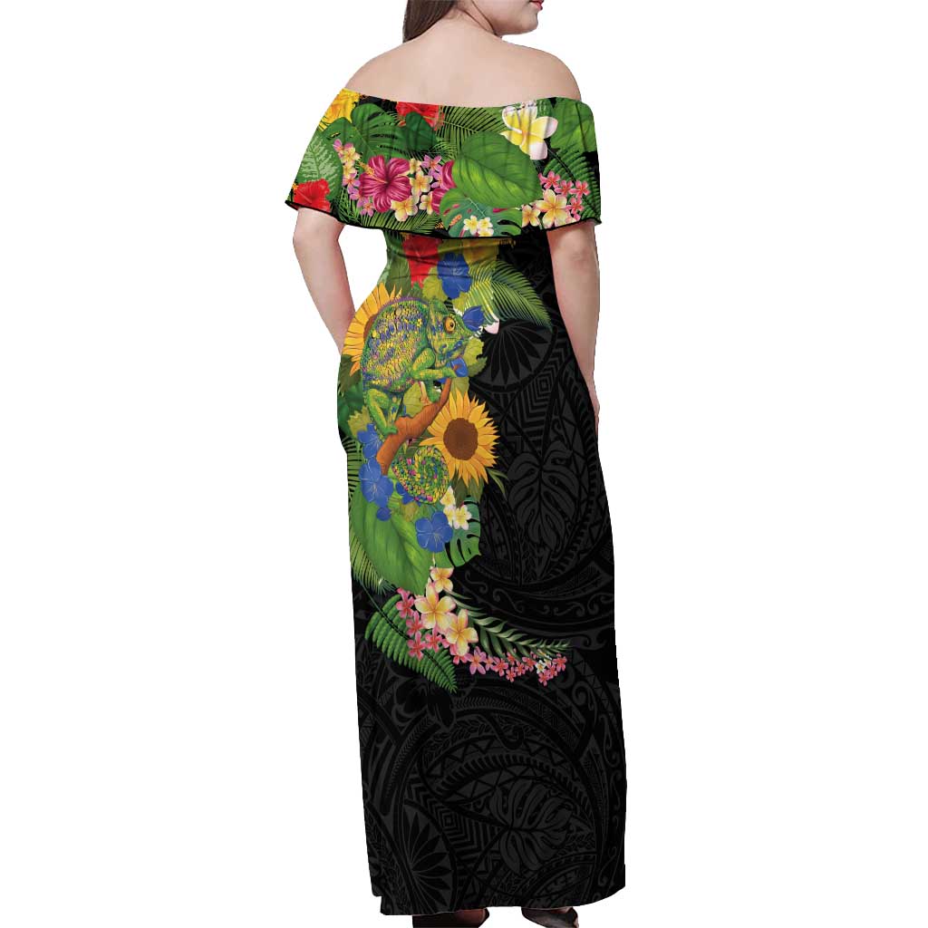 Hawaiian Tropical Plants and Chameleon Off Shoulder Maxi Dress Polynesian Art Colorful - Polynesian Pride