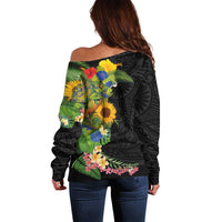 Hawaiian Tropical Plants and Chameleon Off Shoulder Sweater Polynesian Art Colorful - Polynesian Pride