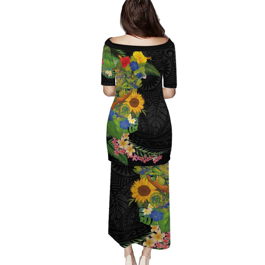 Hawaiian Tropical Plants and Chameleon Puletasi Polynesian Art Colorful - Polynesian Pride