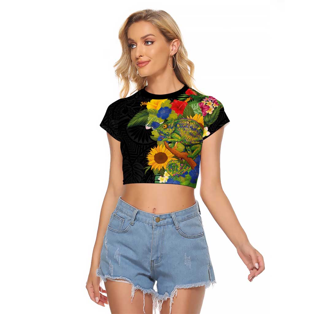 Hawaiian Tropical Plants and Chameleon Raglan Cropped T Shirt Polynesian Art Colorful - Polynesian Pride