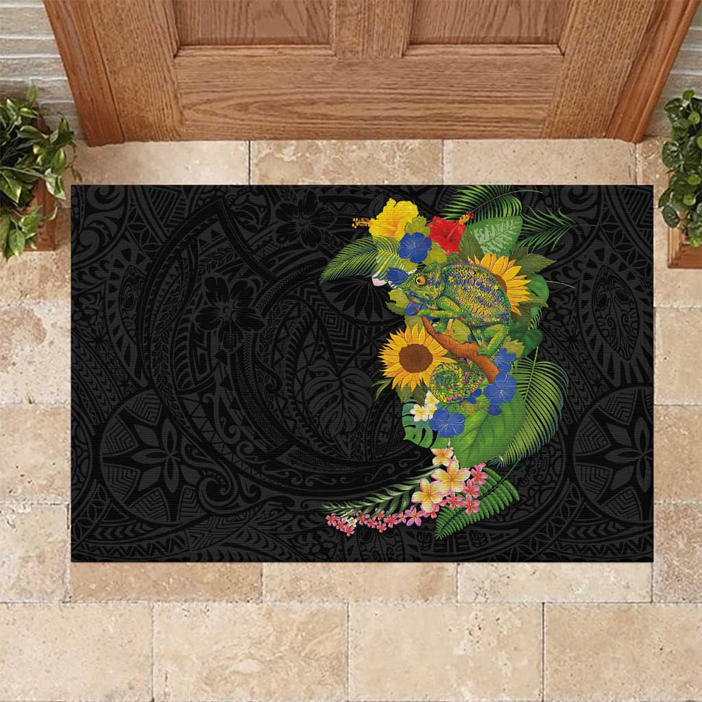 Hawaiian Tropical Plants and Chameleon Rubber Doormat Polynesian Art Colorful - Polynesian Pride