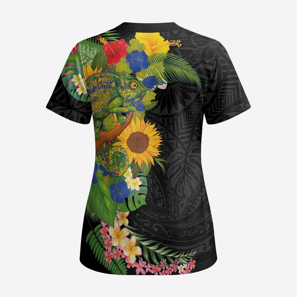 Hawaiian Tropical Plants and Chameleon Scrub Top Polynesian Art Colorful - Polynesian Pride