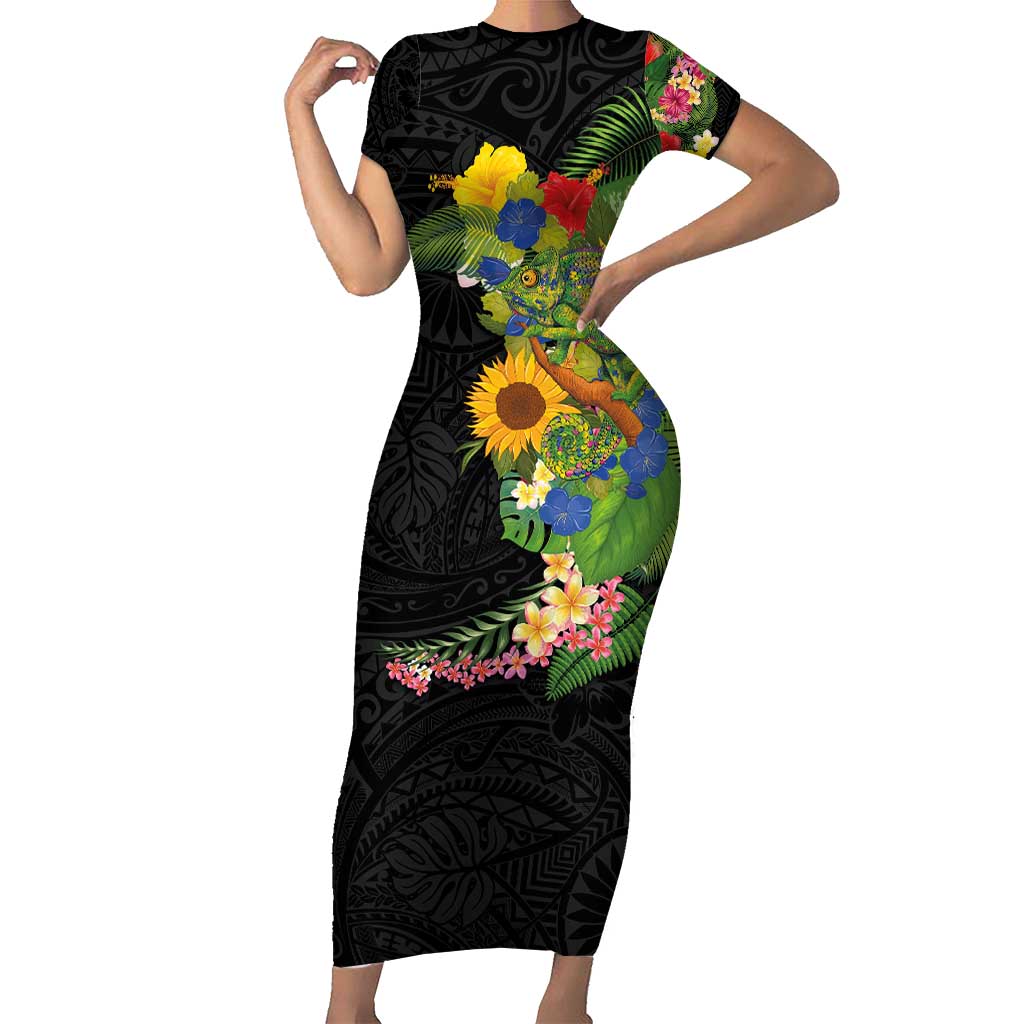 Hawaiian Tropical Plants and Chameleon Short Sleeve Bodycon Dress Polynesian Art Colorful - Polynesian Pride