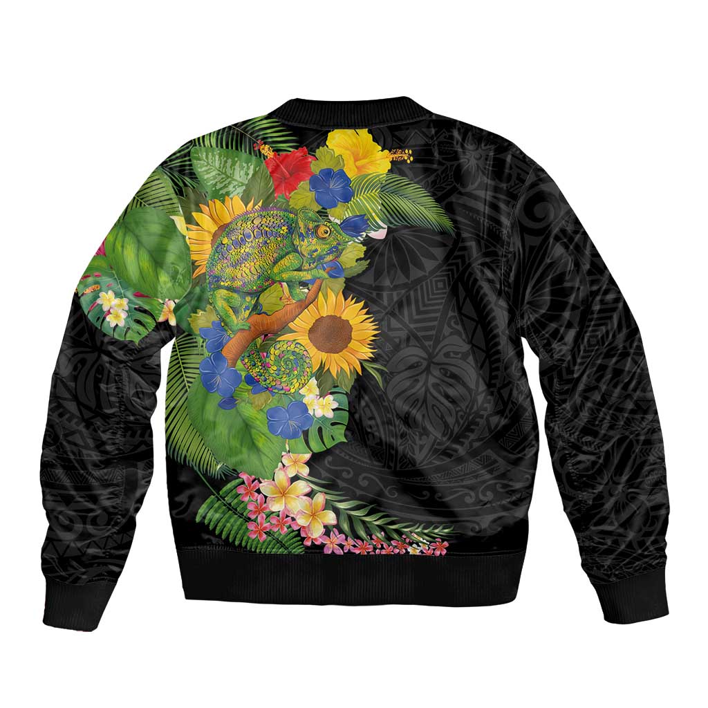 Hawaiian Tropical Plants and Chameleon Sleeve Zip Bomber Jacket Polynesian Art Colorful - Polynesian Pride