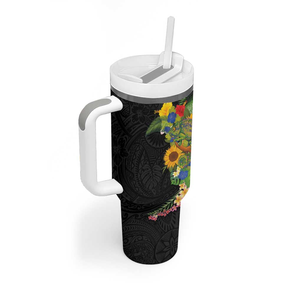 Hawaiian Tropical Plants and Chameleon Tumbler With Handle Polynesian Art Colorful - Polynesian Pride