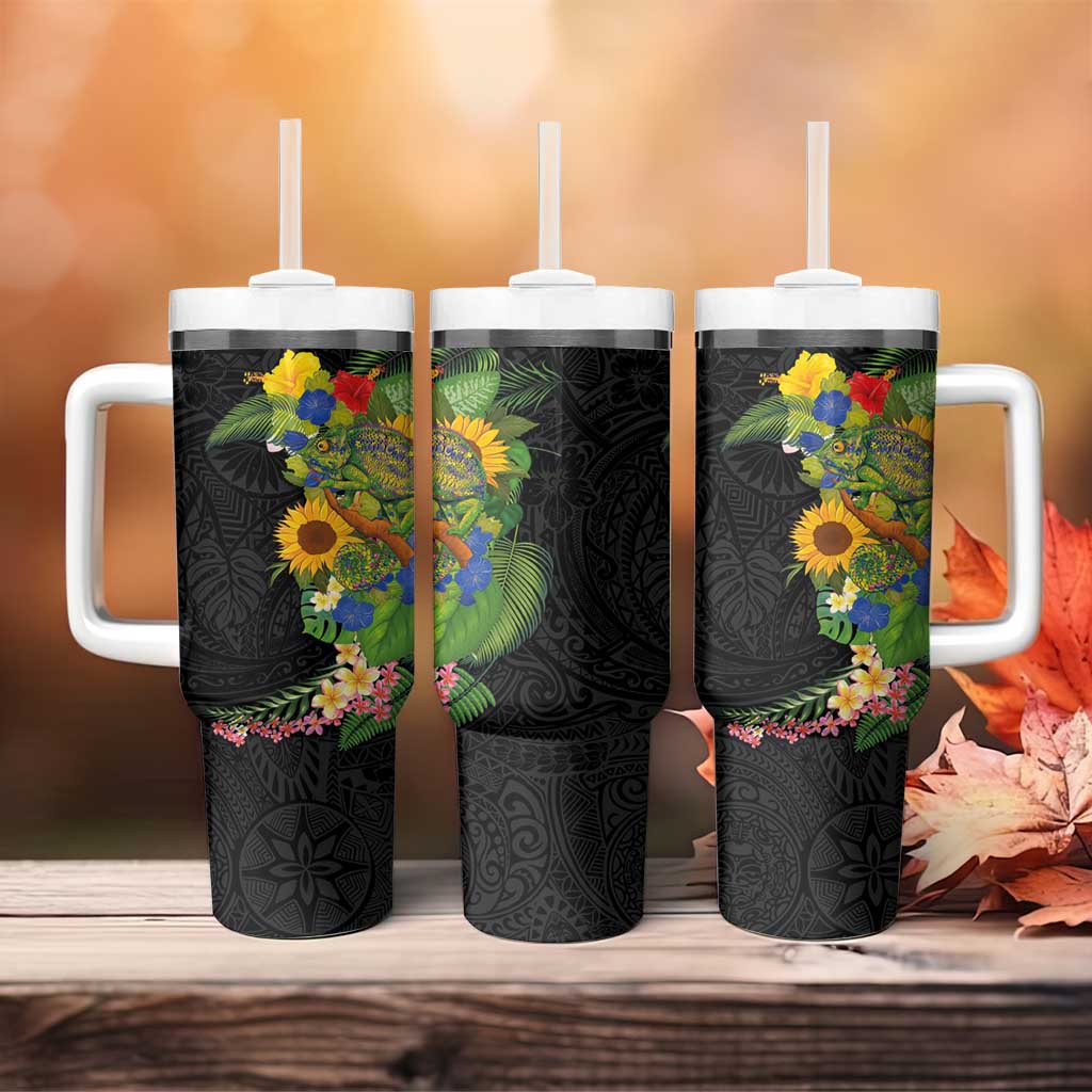 Hawaiian Tropical Plants and Chameleon Tumbler With Handle Polynesian Art Colorful - Polynesian Pride
