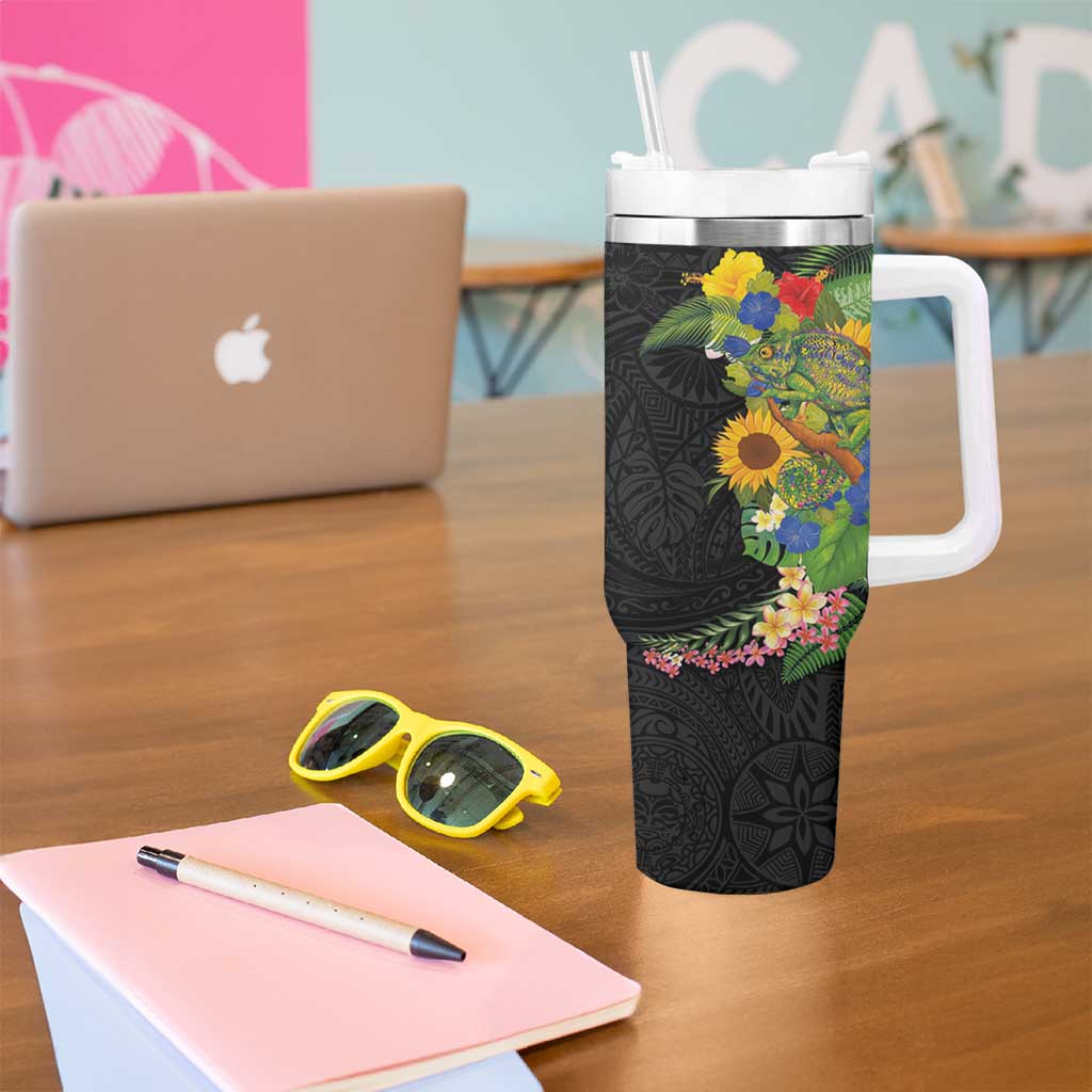 Hawaiian Tropical Plants and Chameleon Tumbler With Handle Polynesian Art Colorful - Polynesian Pride