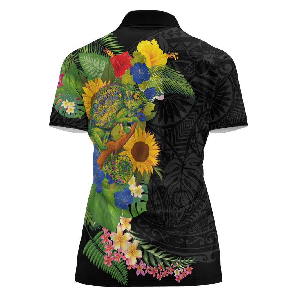 Hawaiian Tropical Plants and Chameleon Women Polo Shirt Polynesian Art Colorful - Polynesian Pride