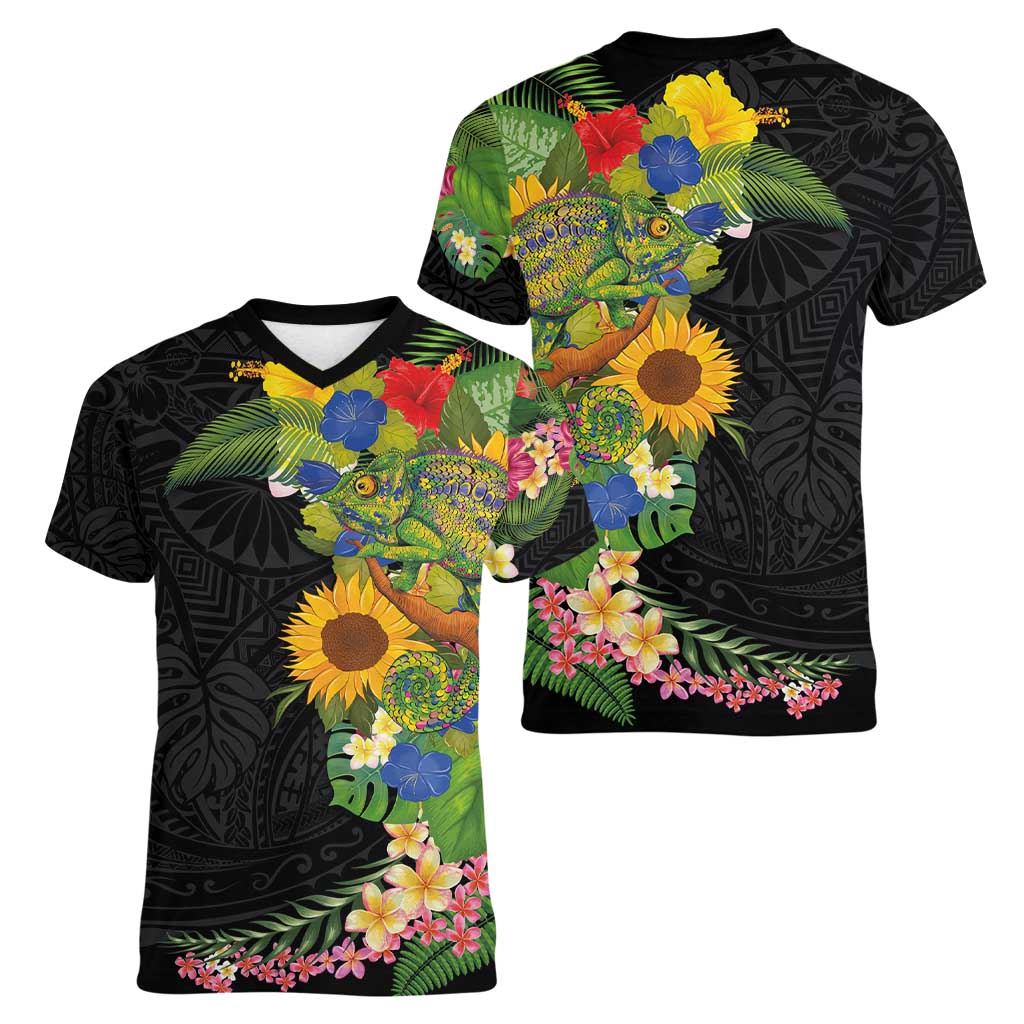 Hawaiian Tropical Plants and Chameleon Women V-Neck T-Shirt Polynesian Art Colorful - Polynesian Pride