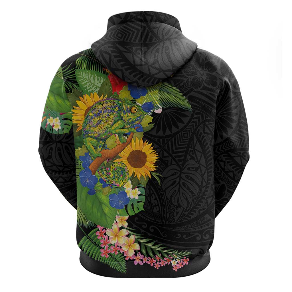 Hawaiian Tropical Plants and Chameleon Zip Hoodie Polynesian Art Colorful - Polynesian Pride