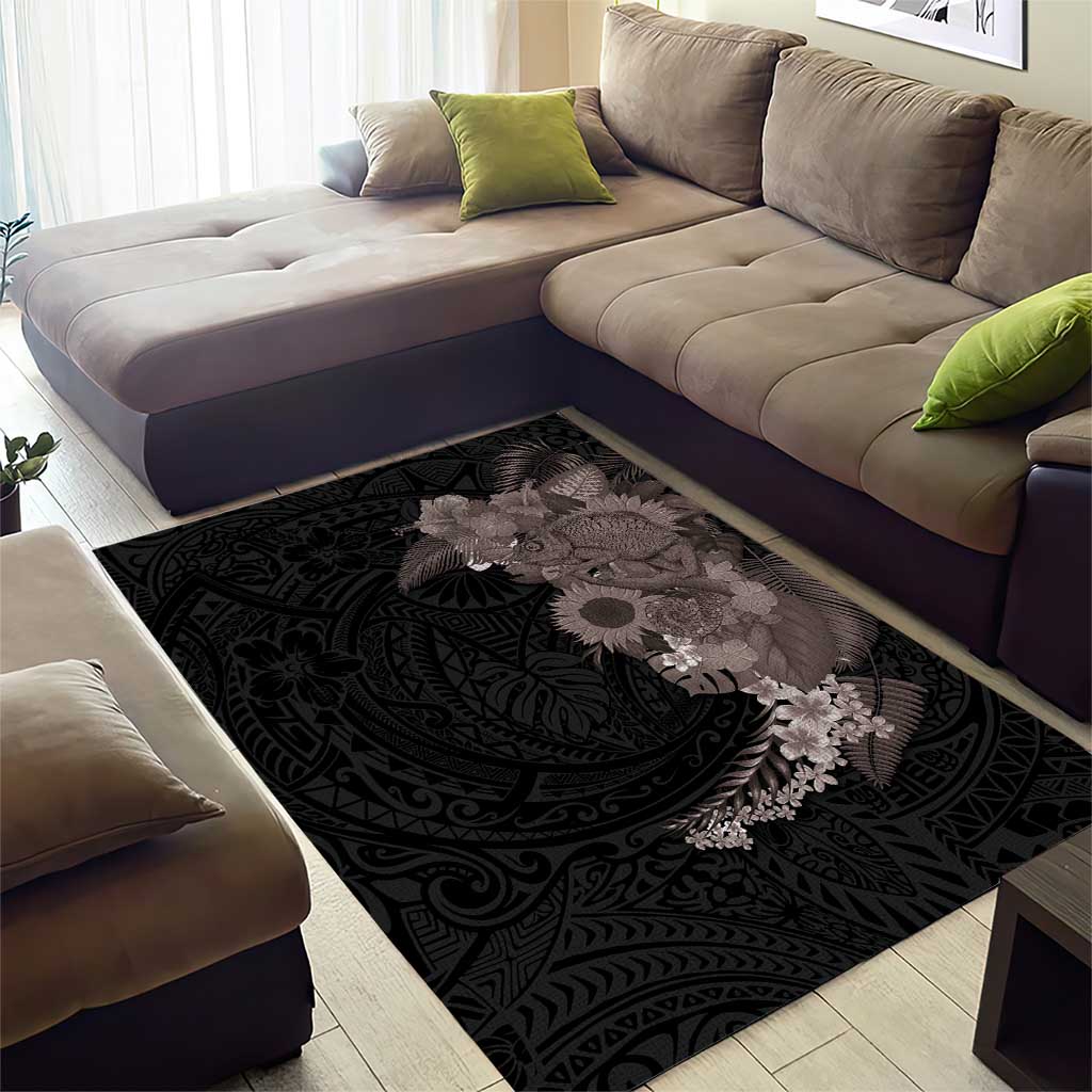 Hawaiian Tropical Plants and Chameleon Area Rug Polynesian Art Grayscale - Polynesian Pride