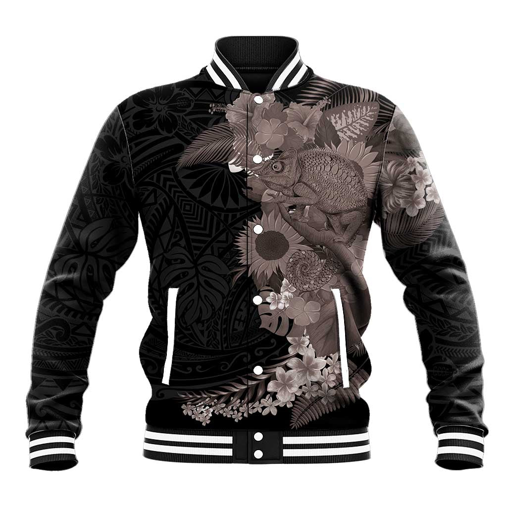 Hawaiian Tropical Plants and Chameleon Baseball Jacket Polynesian Art Grayscale - Polynesian Pride