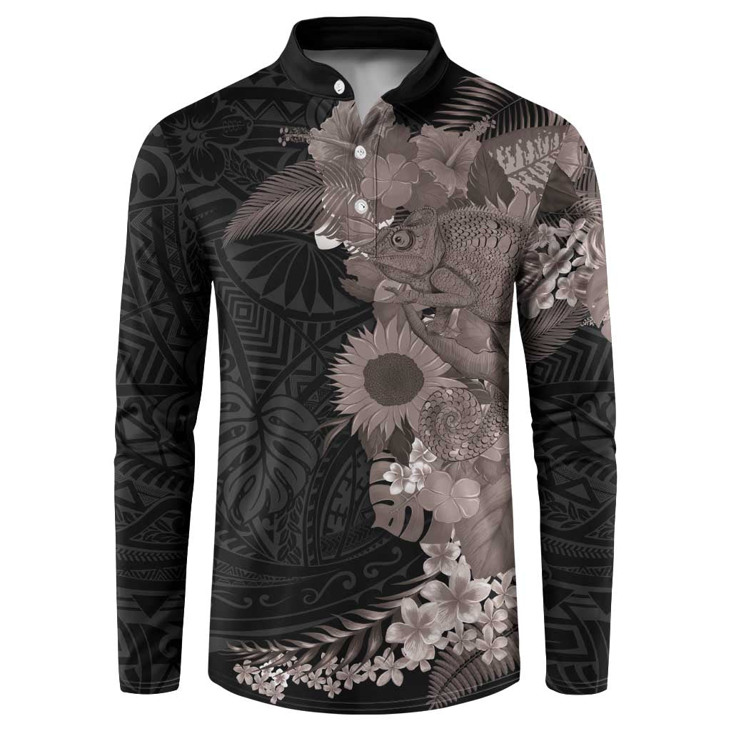 Hawaiian Tropical Plants and Chameleon Button Sweatshirt Polynesian Art Grayscale - Polynesian Pride