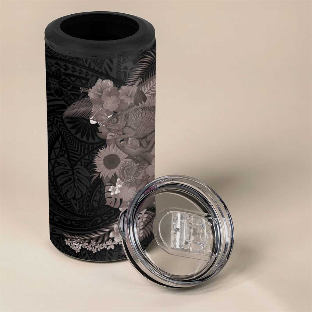 Hawaiian Tropical Plants and Chameleon 4 in 1 Can Cooler Tumbler Polynesian Art Grayscale - Polynesian Pride